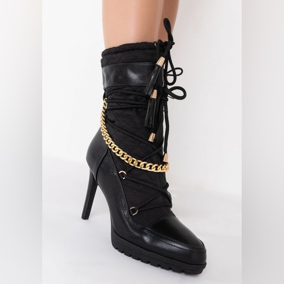 Azalea Wang Black Vegan Leather & Lace Up Stiletto Heel Boots - Picture 3 of 4